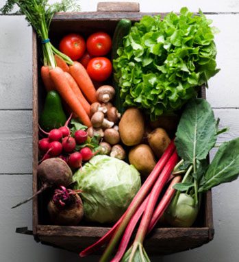 A photo of a box of various produce, such as carrots, tomatoes, radishes, lettuce, and mushrooms