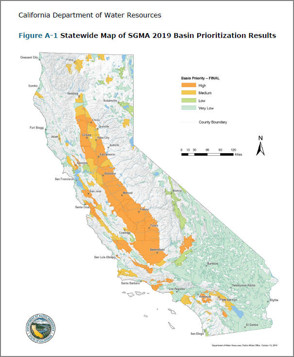 Map of DWR Prioritization of groundwater basins in CA