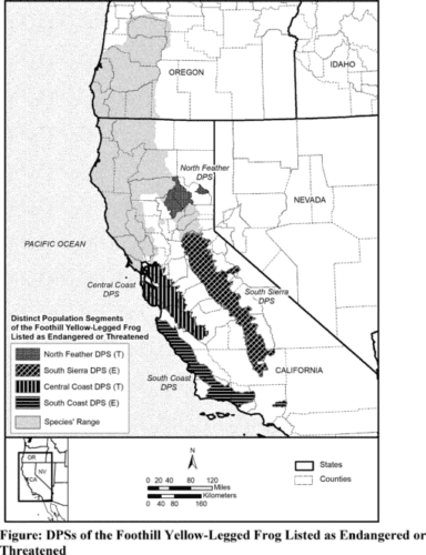 A map of the DPS of the Foothill Yellow-Legged Frog Listed as Endangered or Threatened