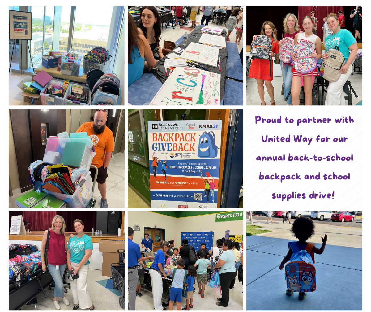 Photo collage of the firm's back-to-school drive